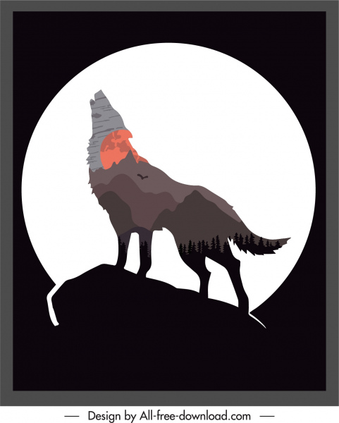 야생 동물 백그로트 늑대 달 숲 실루엣 플랫 어두운