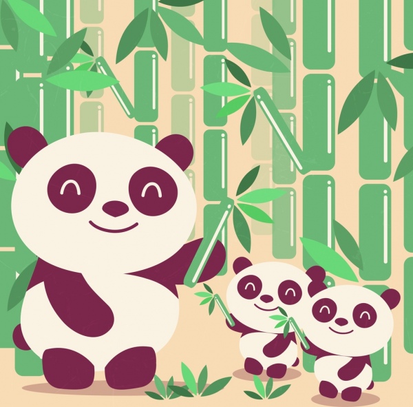 野生猫熊竹子圖標背景彩色卡通設計