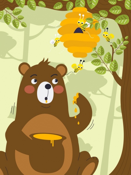 Tierwelt Hintergrund Bär Honigbienen Ikonen stilisierte Cartoon