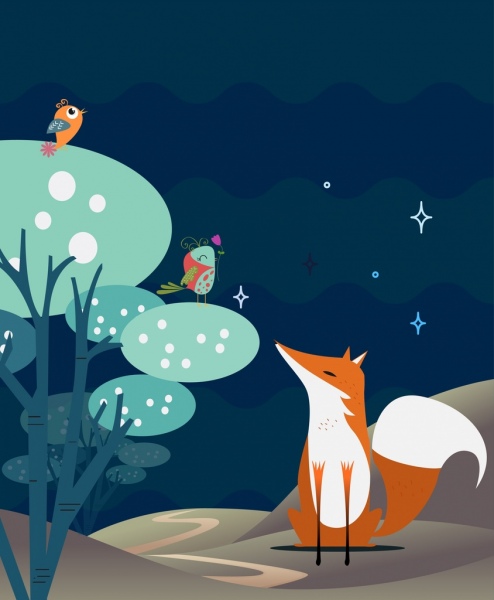 Tierwelt Hintergrund Vogel Fuchs Symbole farbige Cartoon Dekoration