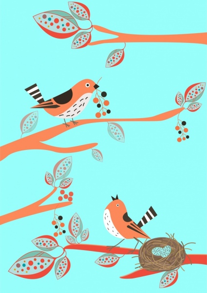 野生動物背景鳥鳥巢圖示彩色卡通設計