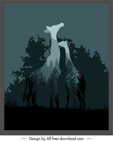 fondo de vida silvestre desdibujado silueta jirafas bosque paisaje combinación