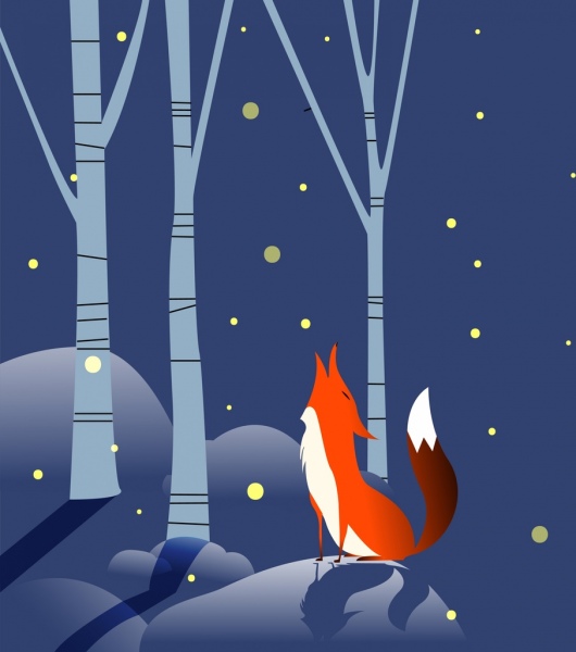 野生动物背景褐狐图标降雪装饰