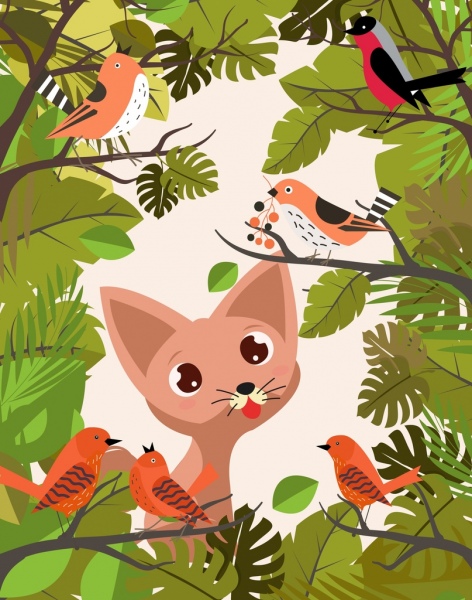 satwa liar latar belakang kucing burung pohon hiasan kartun berwarna