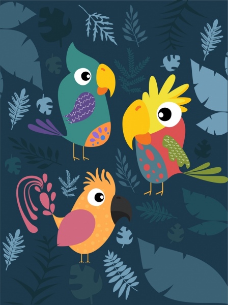 Tierwelt Hintergrund bunte Papagei Symbole Pflanzen Hintergrund
