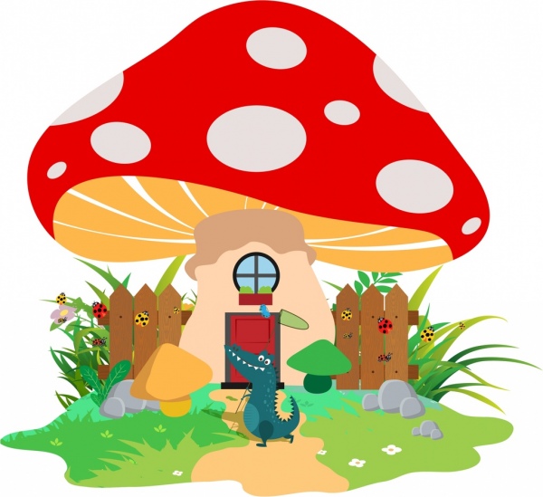 野生动物背景鳄鱼蘑菇图标彩色卡通装饰