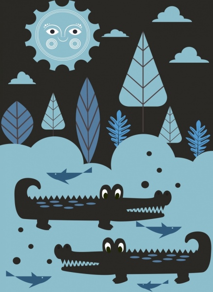 ícone de sol animais selvagens fundo escuro dos desenhos animados coloridos crocodilo