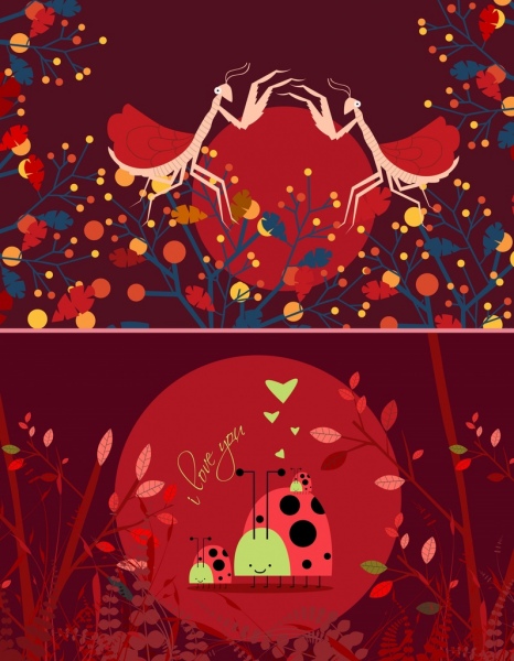 野生動物背景暗紅色蝗蟲瓢蟲圖標設計