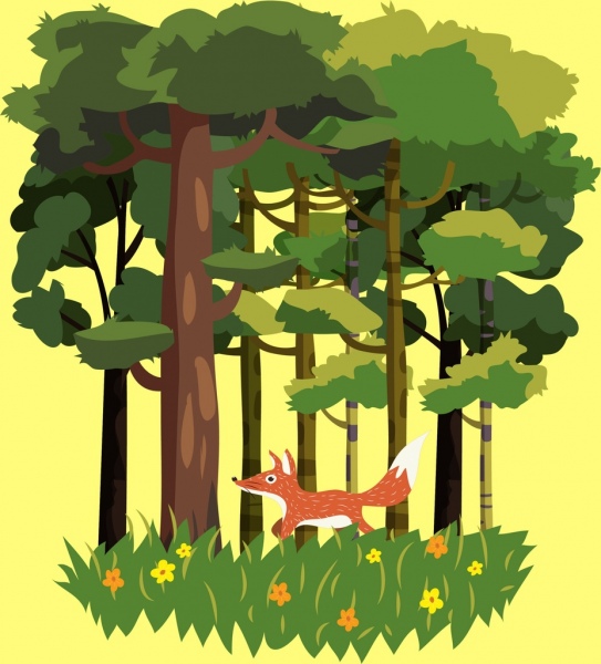 ícones de árvore verde de raposa de fundo dos animais selvagens