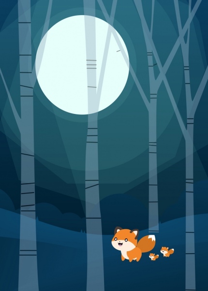 Wildlife background Fox ronda Luna iconos de diseño de dibujos animados