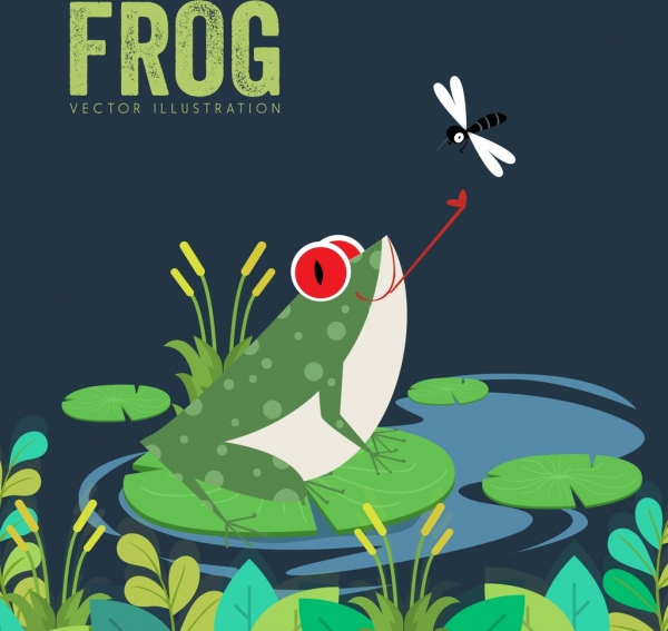 野生动物青蛙蜻蜓彩色卡通图标背景
