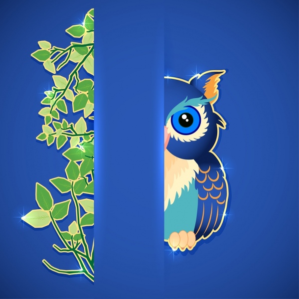 Iconos de estilo de corte Hojas de vida silvestre de fondo Owl