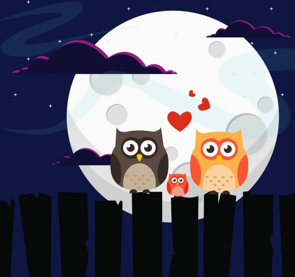 野生動物背景貓頭鷹家庭月光圖示彩色的卡通