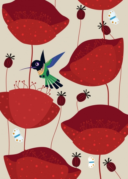 الحياة البرية خلفية الزهور الحمراء الطيور والفراشات الرموز ديكور