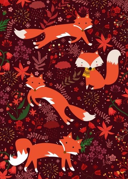 Wildlife Background Red Fox flores iconos repitiendo diseño