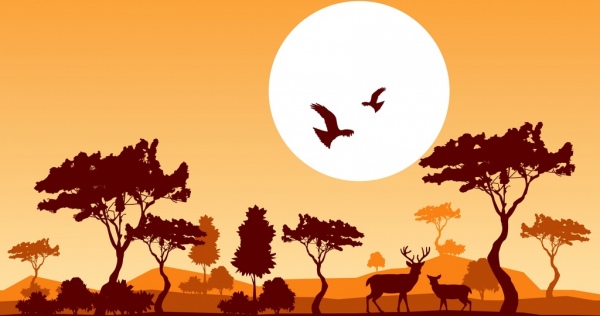 дикой природы фон оленей птиц луна дизайн иконки силуэт