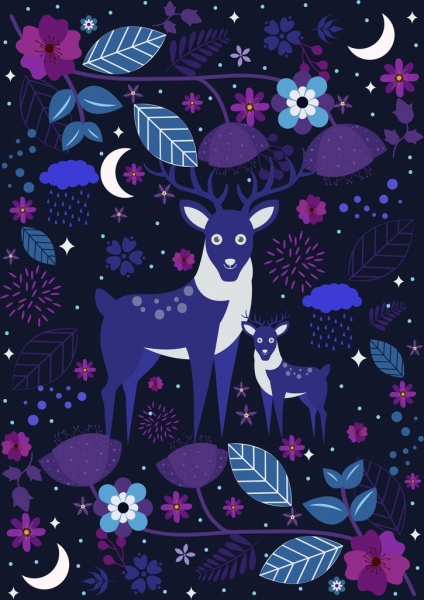 Fondo flores de color purpura oscuro vida silvestre renos iconos de decoracion