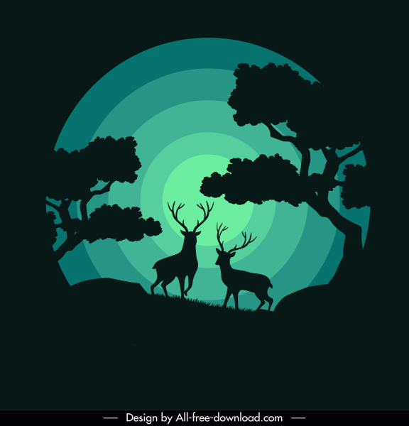 wildlife latar belakang rusa sinar bulan sketsa siluet gelap