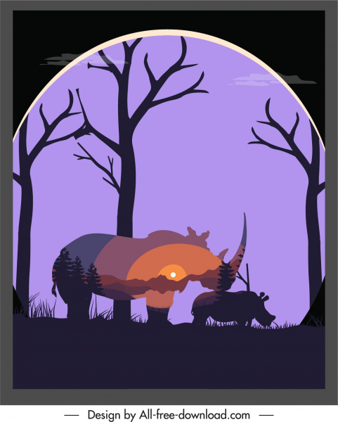 fundo da vida selvagem fundo cenário rinoceronte esboço silhueta escura borrada