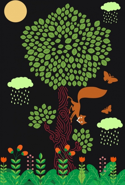 satwa liar latar belakang pohon fox kupu-kupu ikon kartun desain