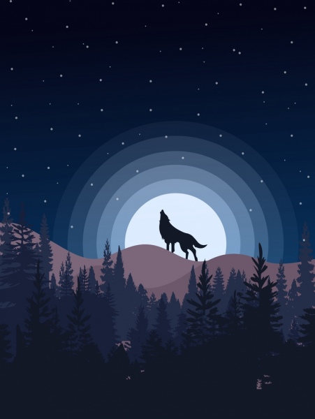 Động vật hoang dã sói trăng biểu tượng trang trí nền bầu trời đầy sao.