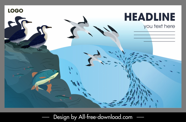 bandera de vida silvestre aves marinas peces boceto diseño de movimiento