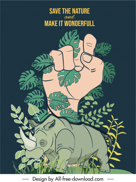 Wildlife Banner Vorlage Nashorn blättert Handskizze