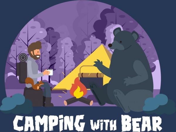 дикой природы лагере плакат человек медведь палатка костра значки