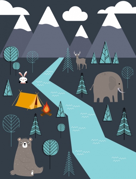 ícones de árvores de fogueira da barraca camping animais de fundo dos animais selvagens