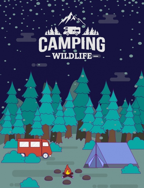 野生动物露营横幅森林帐篷公共汽车篝火图标