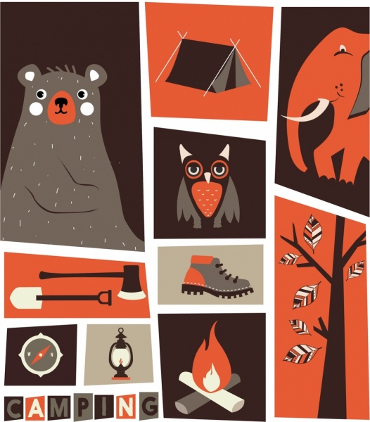 yếu tố thiết kế cắm trại động vật hoang dã cổ điển cartoon icons