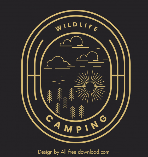 야생 동물 캠핑 로고 타입 어두운 평면 자연 요소 스케치
