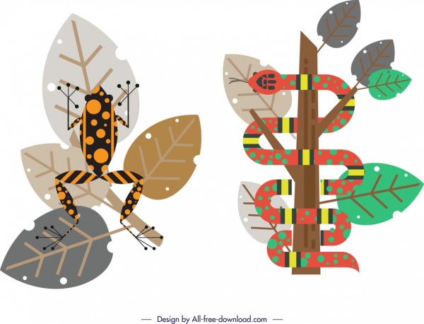 Elementos de design da vida selvagem ícones da folha da cobra do sapo