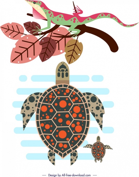 дикая природа дизайн элементов геккона черепаха листья иконы