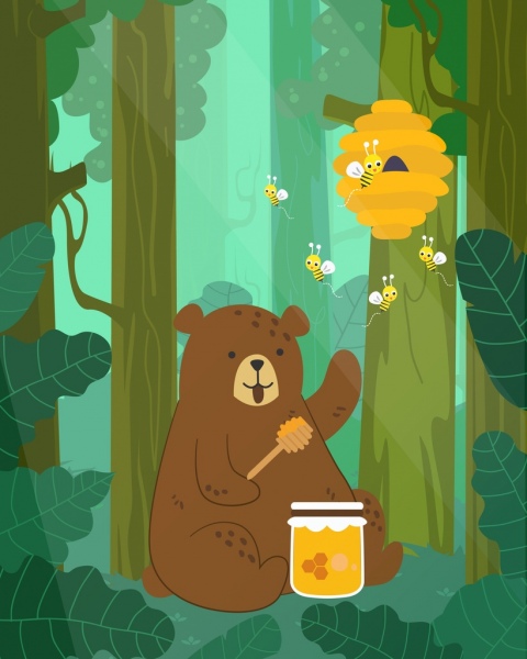野生動物繪畫熊蜜蜂圖標是綠色的森林