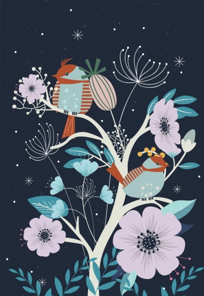 rysunek ptaków dzikich kwiatów ikon szkic