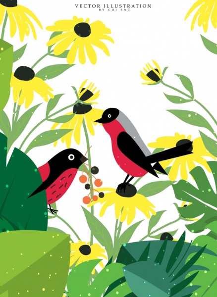 Tiere zeichnen Vögel gelbe Blumen Symbole