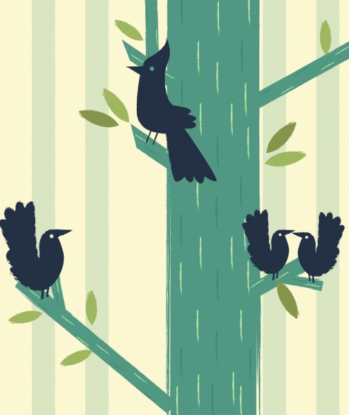 野生动物画黑鸟树图标平面草图