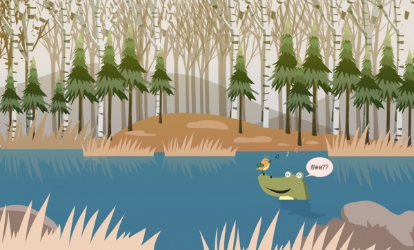 野生動物畫鱷魚鳥圖標卡通設計