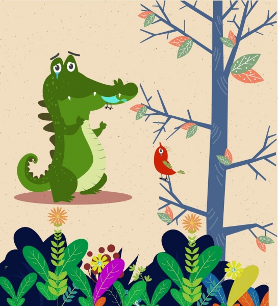 野生動物畫鱷魚鳥圖標風格化彩色卡通