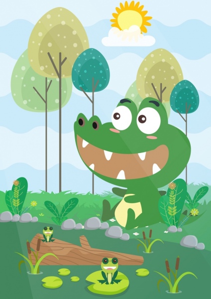 Động vật hoang dã thiết kế hoạt hình vẽ biểu tượng cá sấu ếch dễ thương