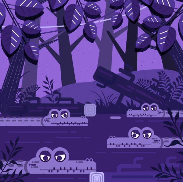 Margasatwa menggambar buaya kolam hutan ikon, violet dekorasi