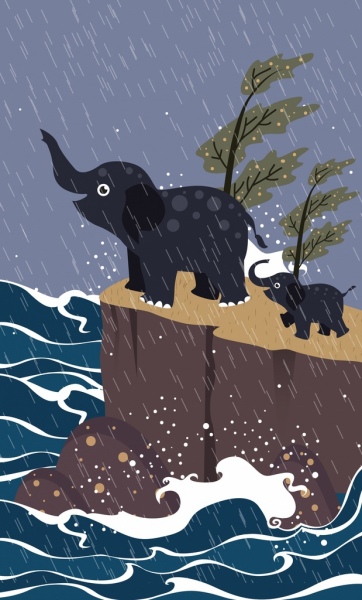 Wildlife dibujo elefante lluvia iconos de dibujos animados de colores