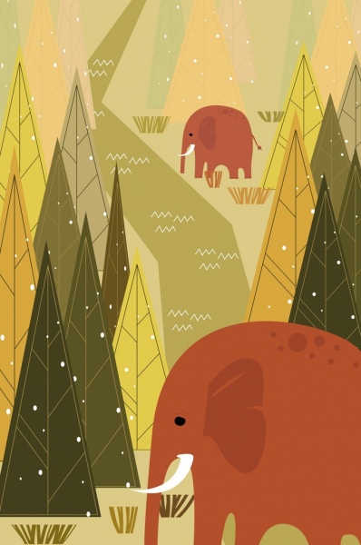 สัตว์ป่าที่ช้างวาดต้นไม้การออกแบบทางเรขาคณิตของไอคอน