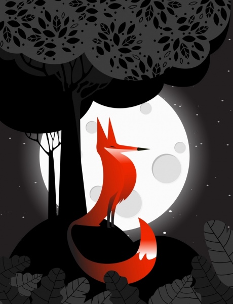 la fauna selvatica attirando fox brillante moonlight albero icone decorazione