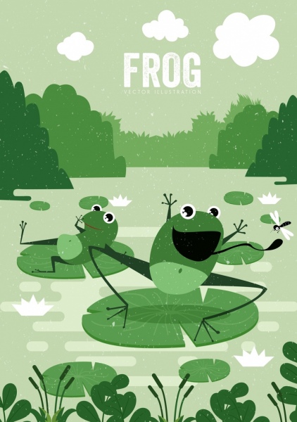 Động vật hoang dã ếch xanh biểu tượng hoạt hình vẽ cổ điển...