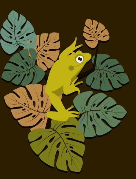 野生动物画绿色的青蛙的叶子图标经典设计