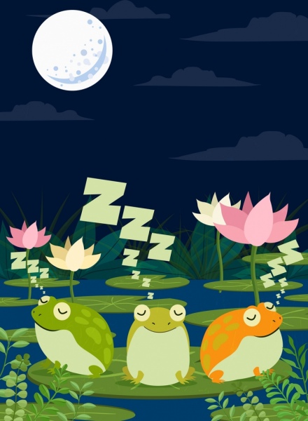 رسم الحياة البرية النوم الضفادع ضوء القمر الرموز لوتس الديكور