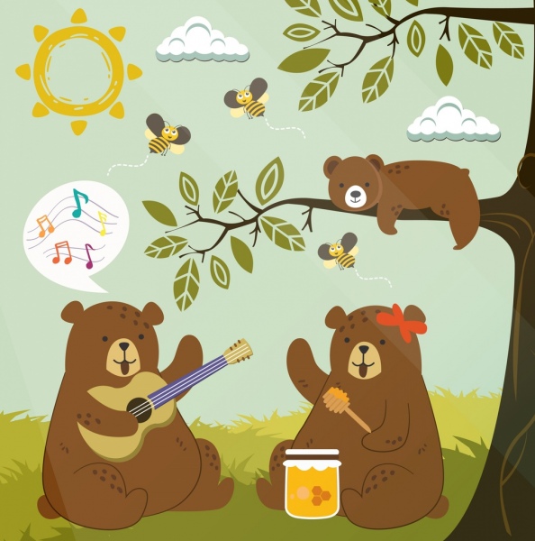 Tierwelt-Zeichnung stilisiert Braunbären Honigbienen farbigen cartoon