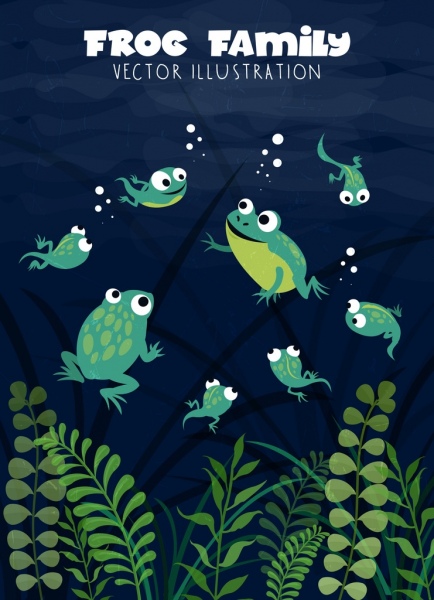 رسم الحياة البرية سباحة الضفادع الملونة تصميم الرسوم المتحركة